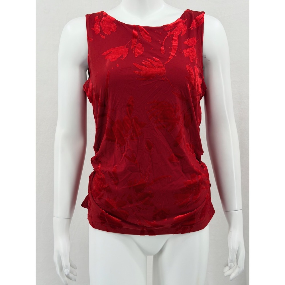 Calvin Klein Top Womens Medium Red Velvet‎ Floral Ruched Stretch Office Work